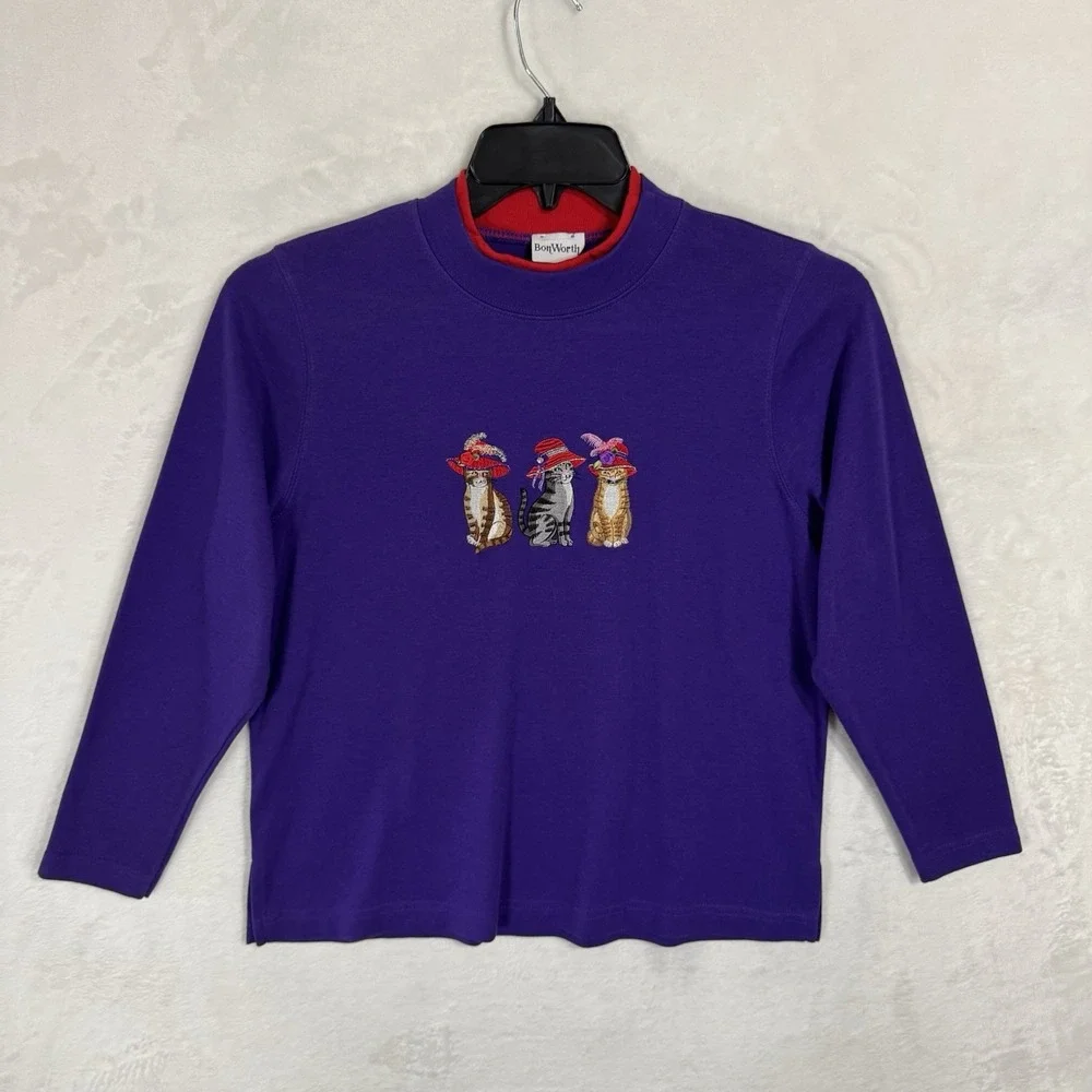 Vintage Cat Lady Mock Neck Sweatshirt Top Size M Crop Purple Red Hat Society 90s - Picture 12 of 13